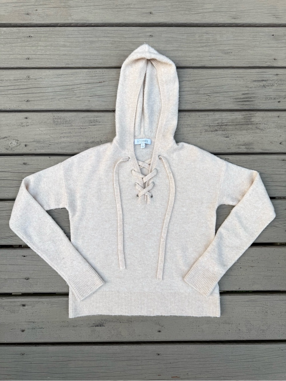 INTERMIX Lace-Up Hoodie Sweater in Light Beige